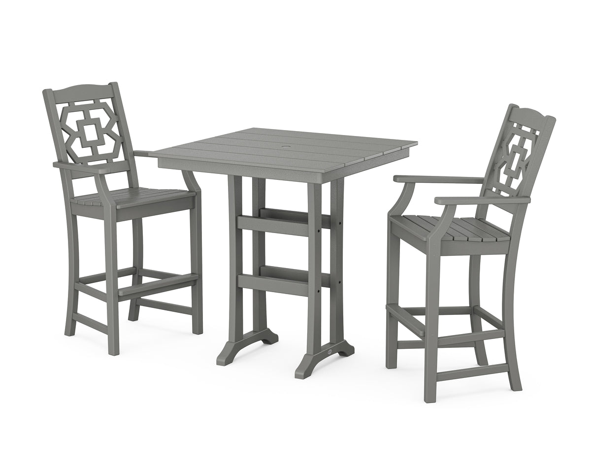 POLYWOOD Chinoiserie 3-Piece Farmhouse Bar Set with Trestle Legs in Slate Grey