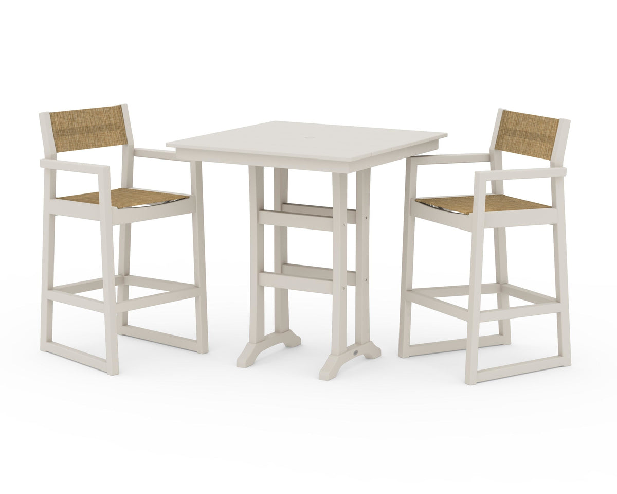 POLYWOOD EDGE Sling Arm Chair 3-Piece Farmhouse Bar Set with Trestle Legs in Sand / Burlap