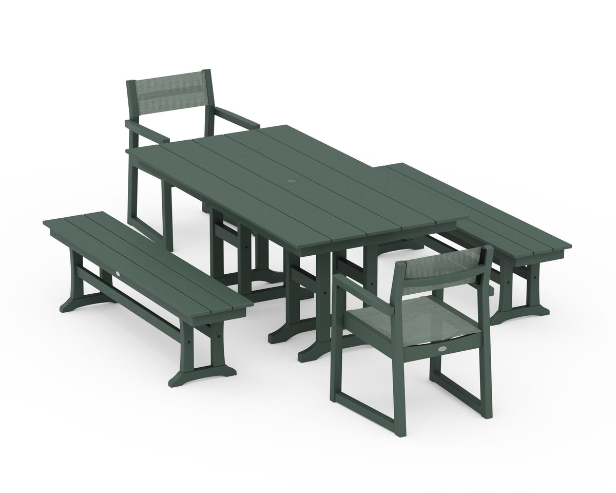 POLYWOOD EDGE Sling Arm Chair 5-Piece Farmhouse Dining Set with Benches in Green / Dupioni Sea Mist