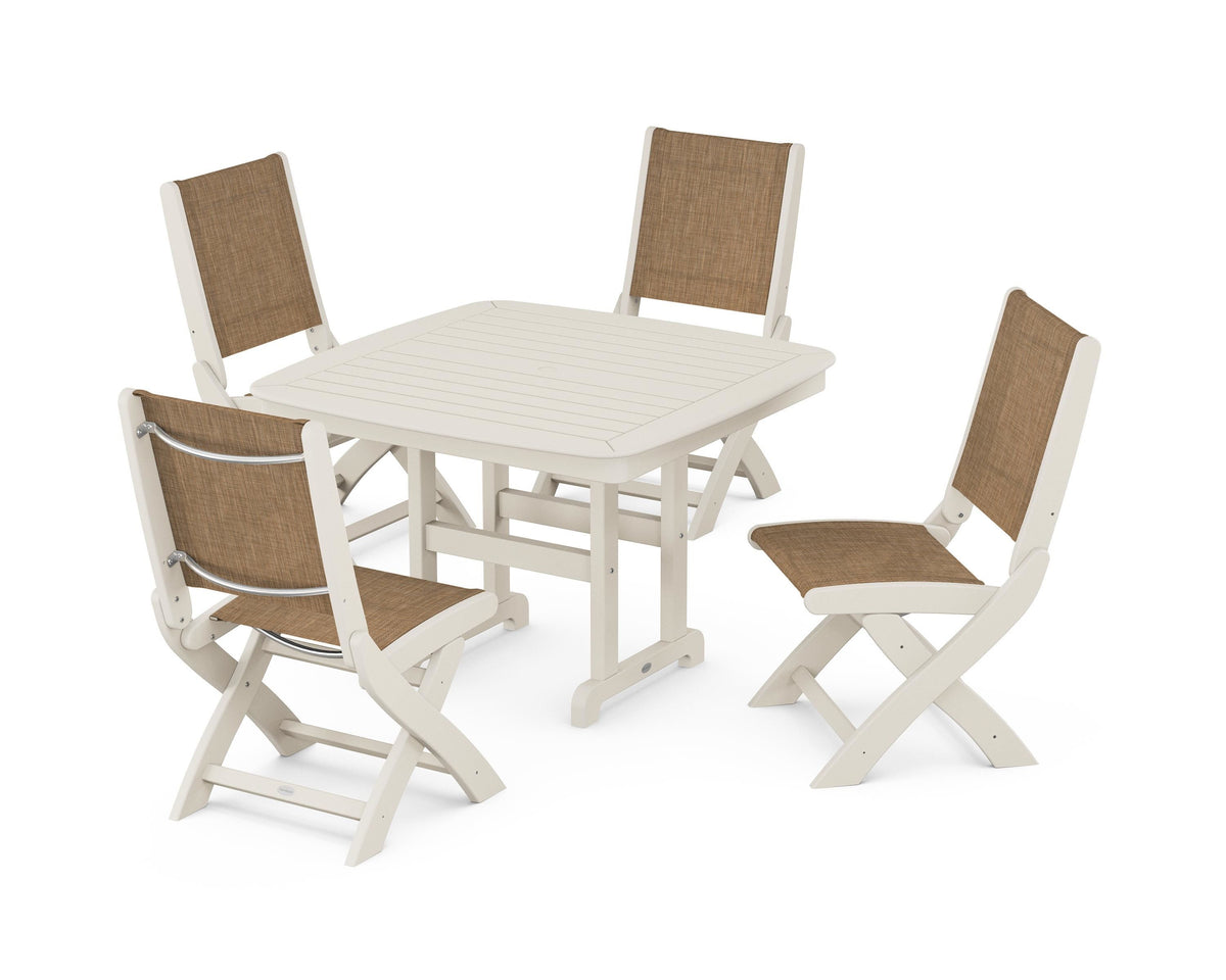 POLYWOOD Coastal Folding Side Chair 5-Piece Dining Set with Nautical 44" Dining Table in Sand / Burlap