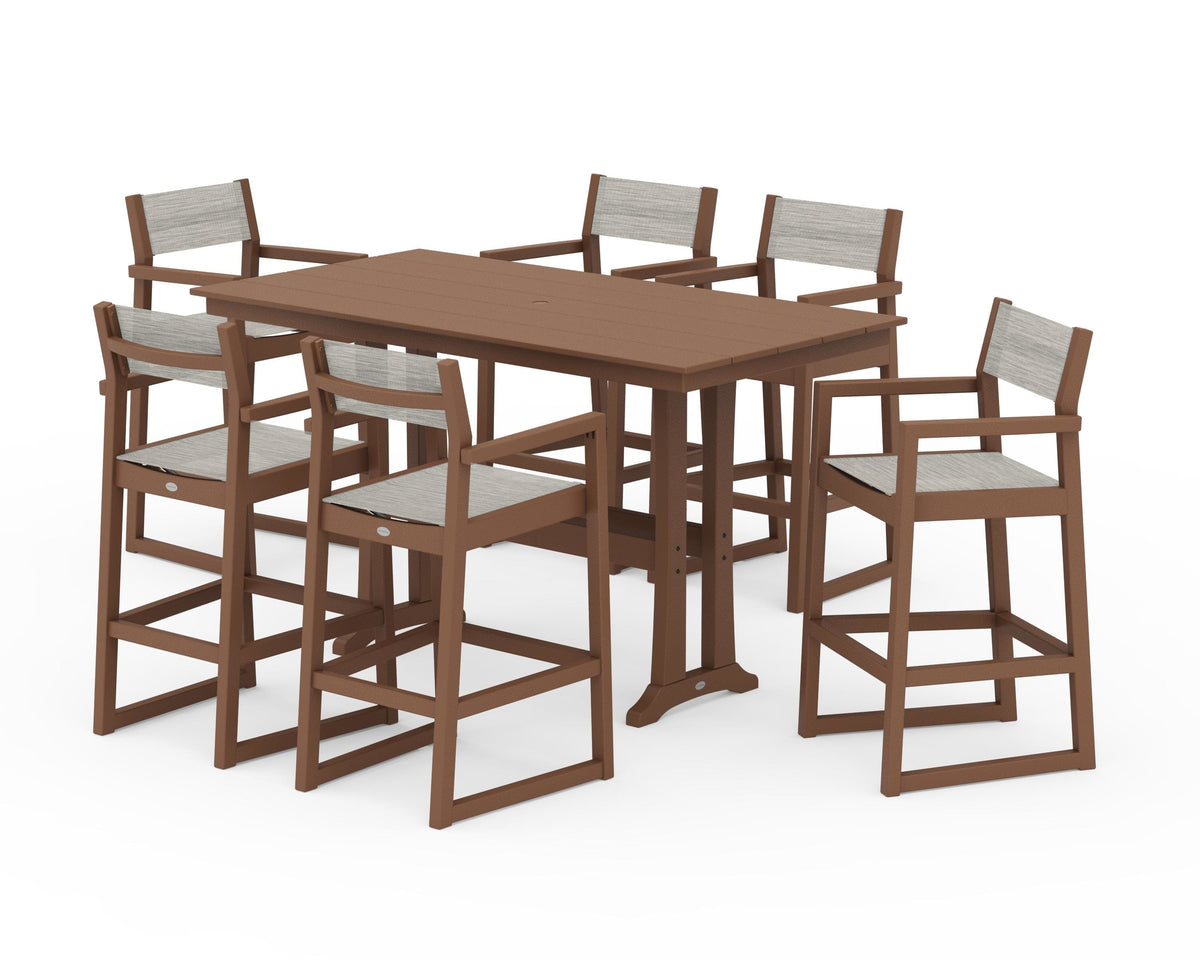 POLYWOOD EDGE Sling Arm Chair 7-Piece Farmhouse Bar Set with Trestle Legs in Teak / Birch