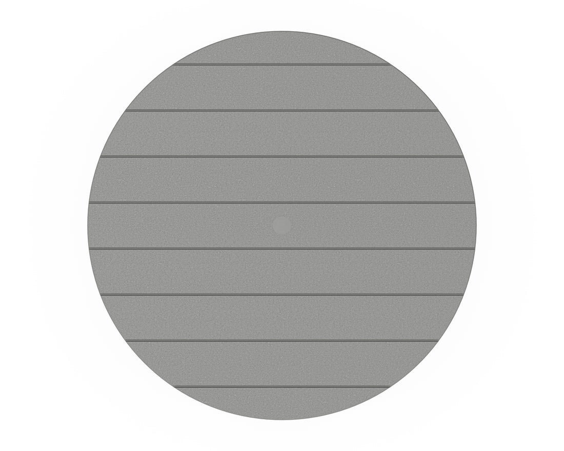 Angled view of the POLYWOOD 36" Round Farmhouse Dining Table in Slate Grey