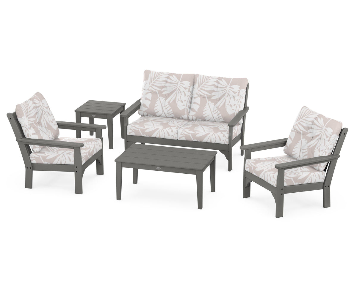 POLYWOOD Vineyard 5-Piece Deep Seating Set with Two Chairs and Loveseat in Slate Grey / Leaf Dune Burlap