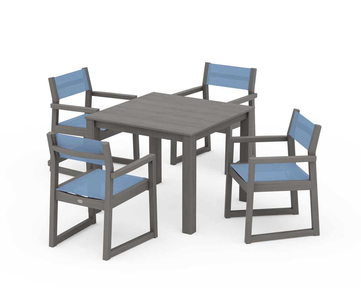 POLYWOOD EDGE Sling Arm Chair 5-Piece Parsons Dining Set in Driftwood / Poolside
