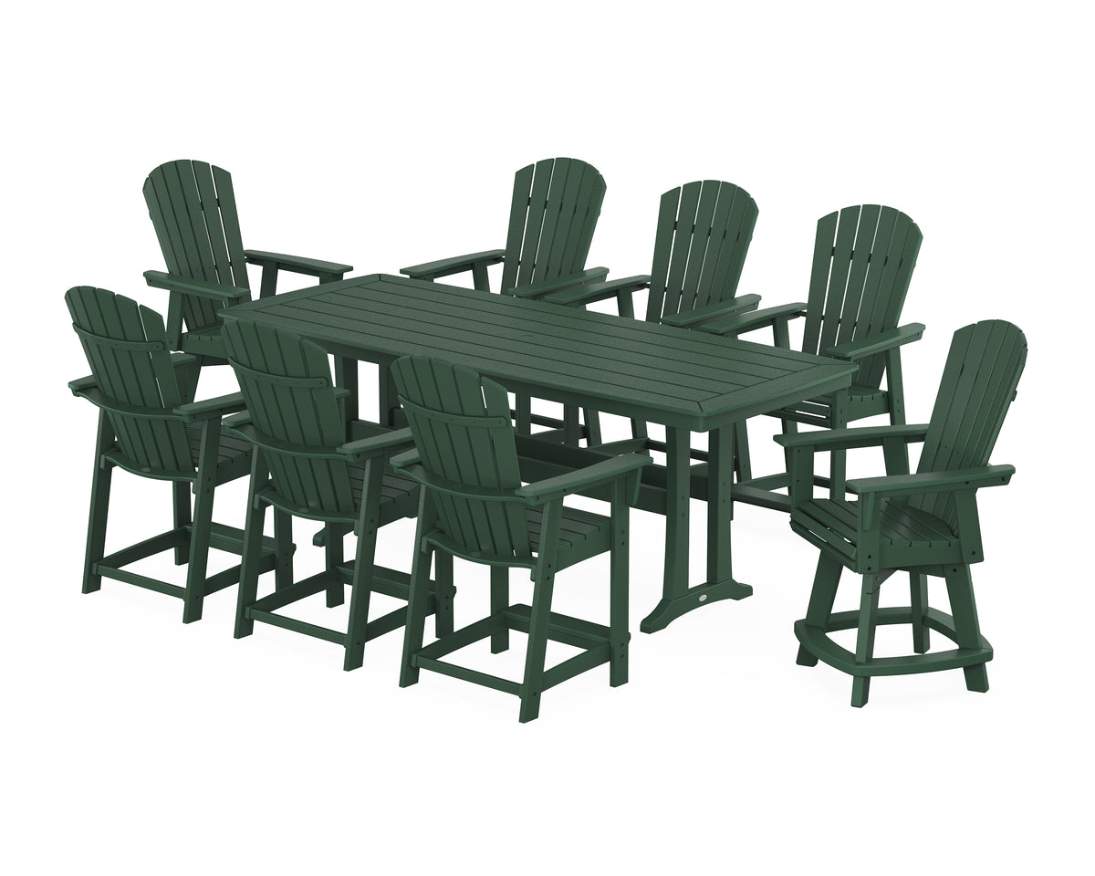 POLYWOOD Nautical Curveback Adirondack Swivel 9-Piece Counter Set with Trestle Legs in Green