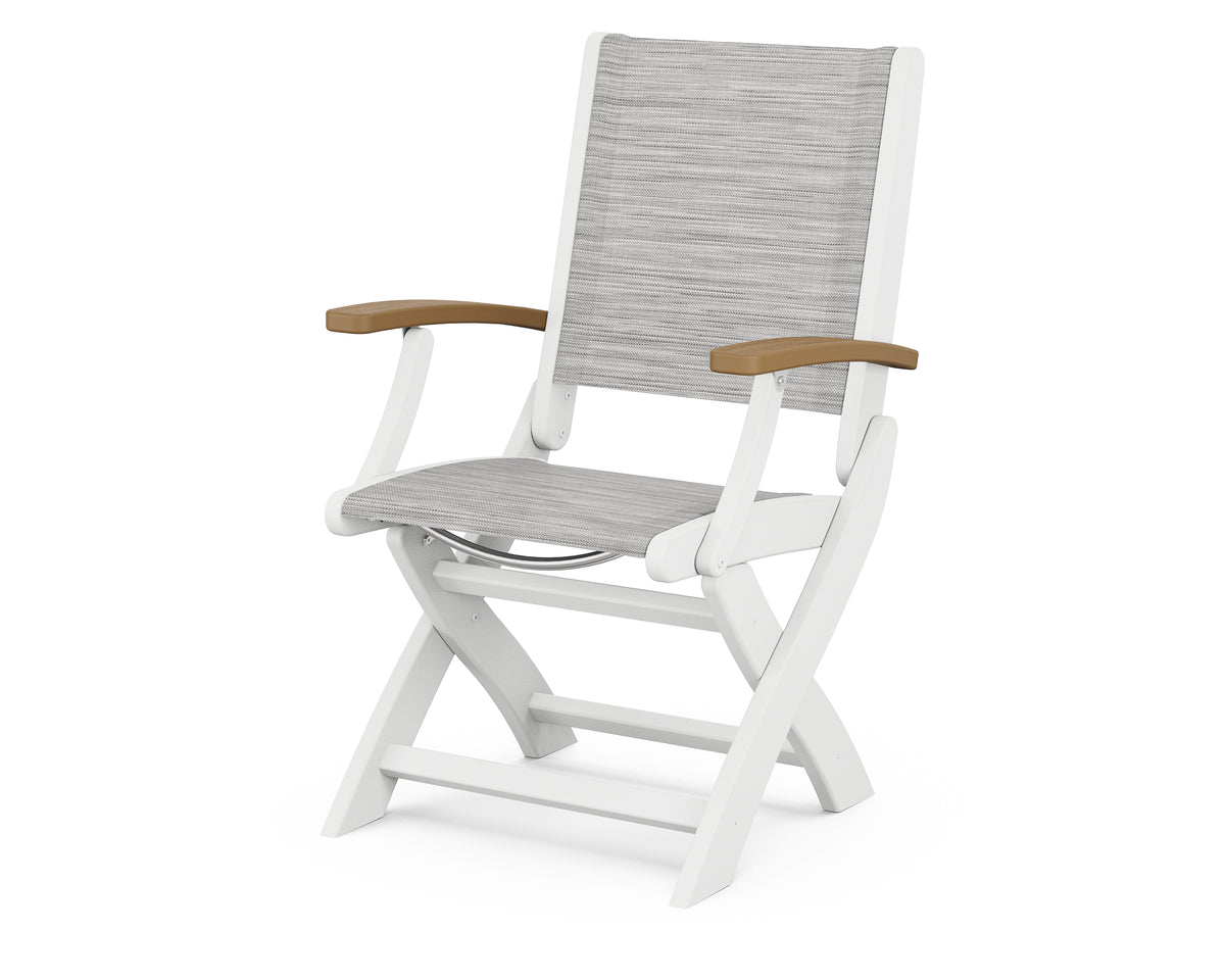 POLYWOOD Coastal Folding Chair in White with Natural arms and Metallic sling