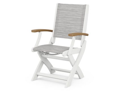 POLYWOOD Coastal Folding Chair in White with Natural arms and Metallic sling