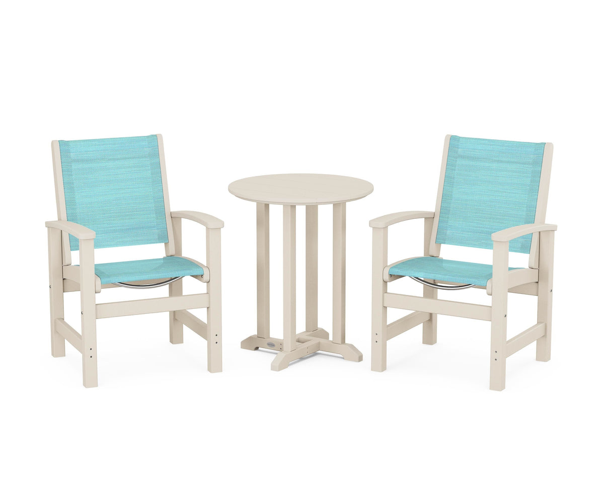 POLYWOOD Coastal 3-Piece Round Bistro Dining Set in Sand / Dupioni Aquamarine