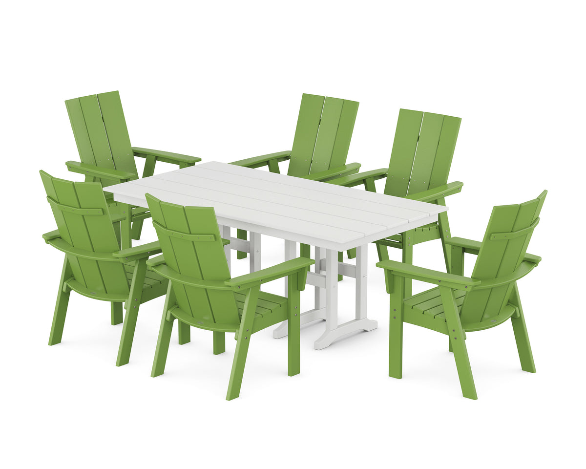 POLYWOOD Modern Curveback Adirondack 7-Piece Farmhouse Dining Set in Lime / White