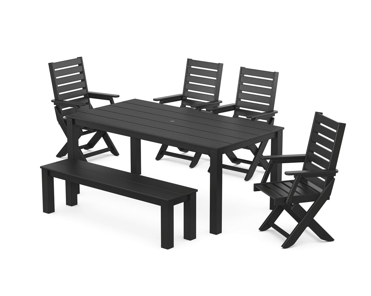 POLYWOOD Captain Folding Chair 6-Piece Parsons Dining Set with Bench in Black