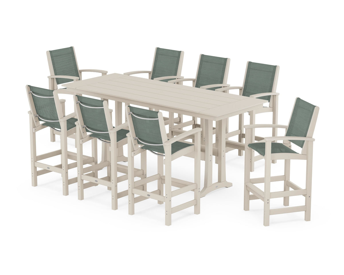 POLYWOOD Coastal 9-Piece Farmhouse Bar Set with Trestle Legs in Sand / Dupioni Sea Mist