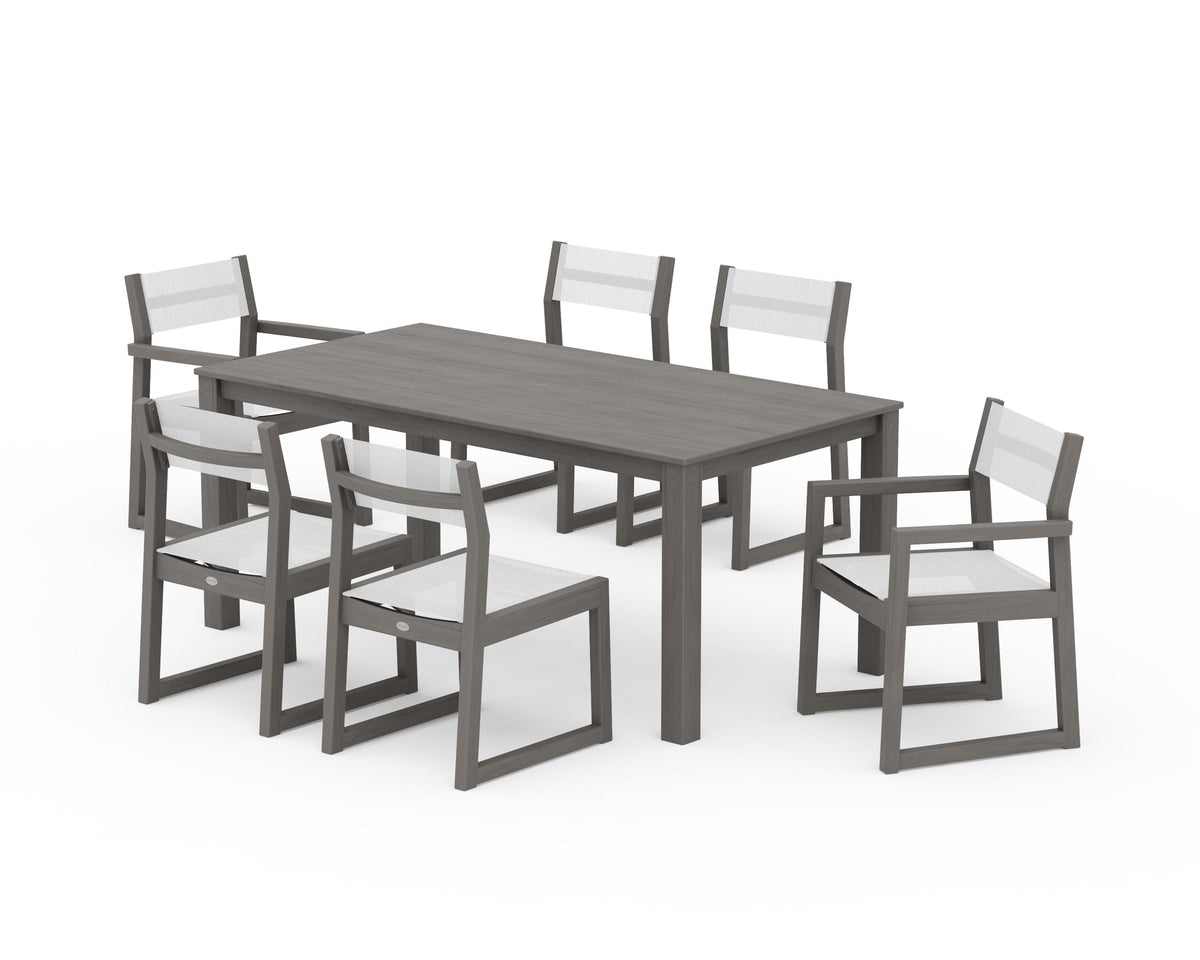 POLYWOOD EDGE Sling 7-Piece Parsons Dining Set in Driftwood / White