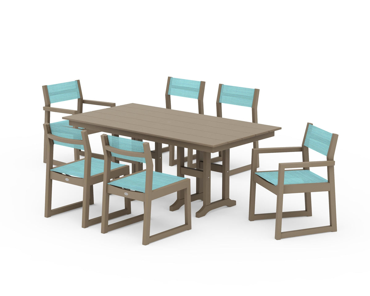 POLYWOOD EDGE Sling 7-Piece Farmhouse Dining Set in Vintage Sahara / Dupioni Aquamarine