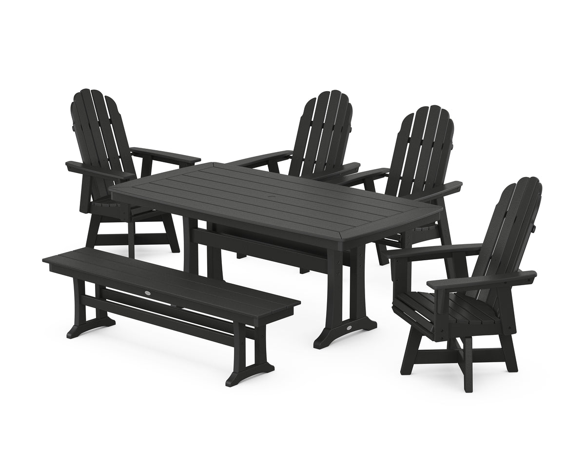 POLYWOOD Vineyard Curveback Adirondack Swivel Chair 6-Piece Dining Set with Trestle Legs and Bench in Black