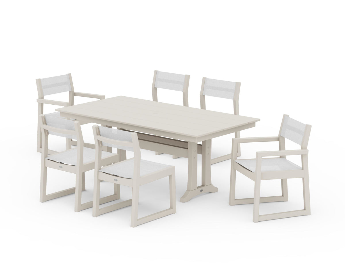 POLYWOOD EDGE Sling 7-Piece Farmhouse Trestle Dining Set in Sand / White
