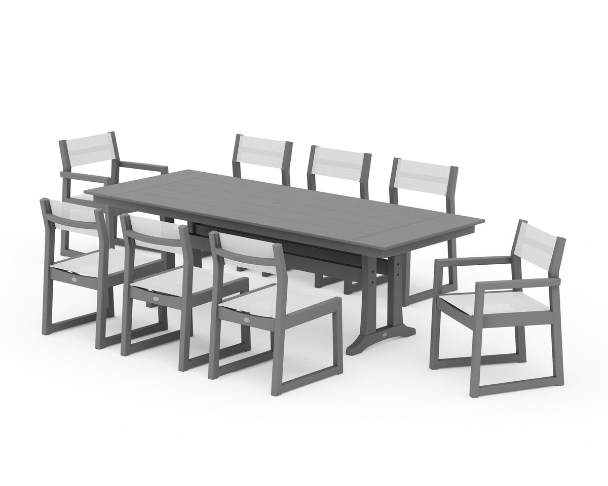 POLYWOOD EDGE Sling 9-Piece Farmhouse Trestle Dining Set in Slate Grey / White