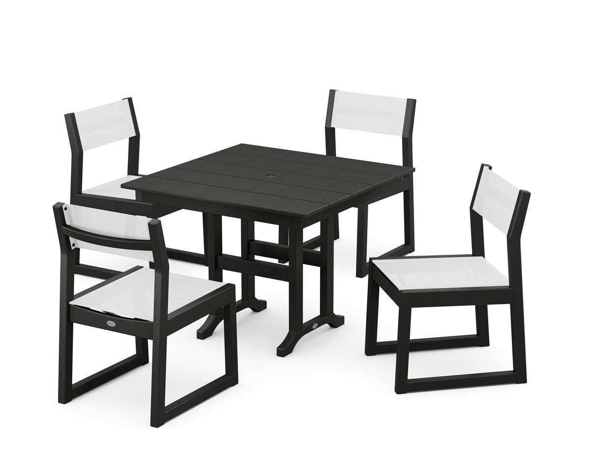 POLYWOOD EDGE Sling Side Chair 5-Piece Farmhouse Dining Set in Black / White