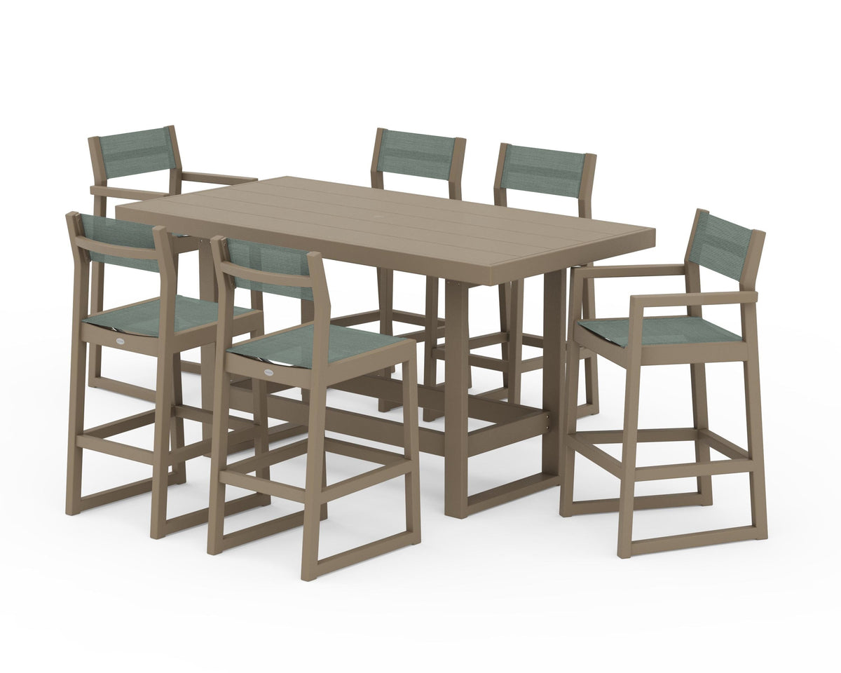 POLYWOOD EDGE Sling 7-Piece Bar Table Set in Vintage Sahara / Dupioni Sea Mist