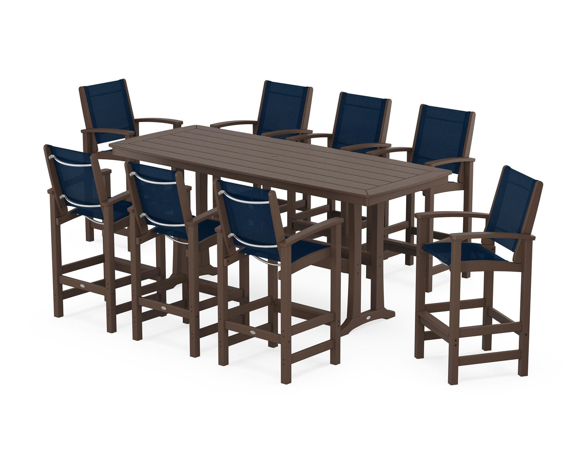 POLYWOOD Coastal 9-Piece Bar Set with Trestle Legs in Mahogany / Navy Blue