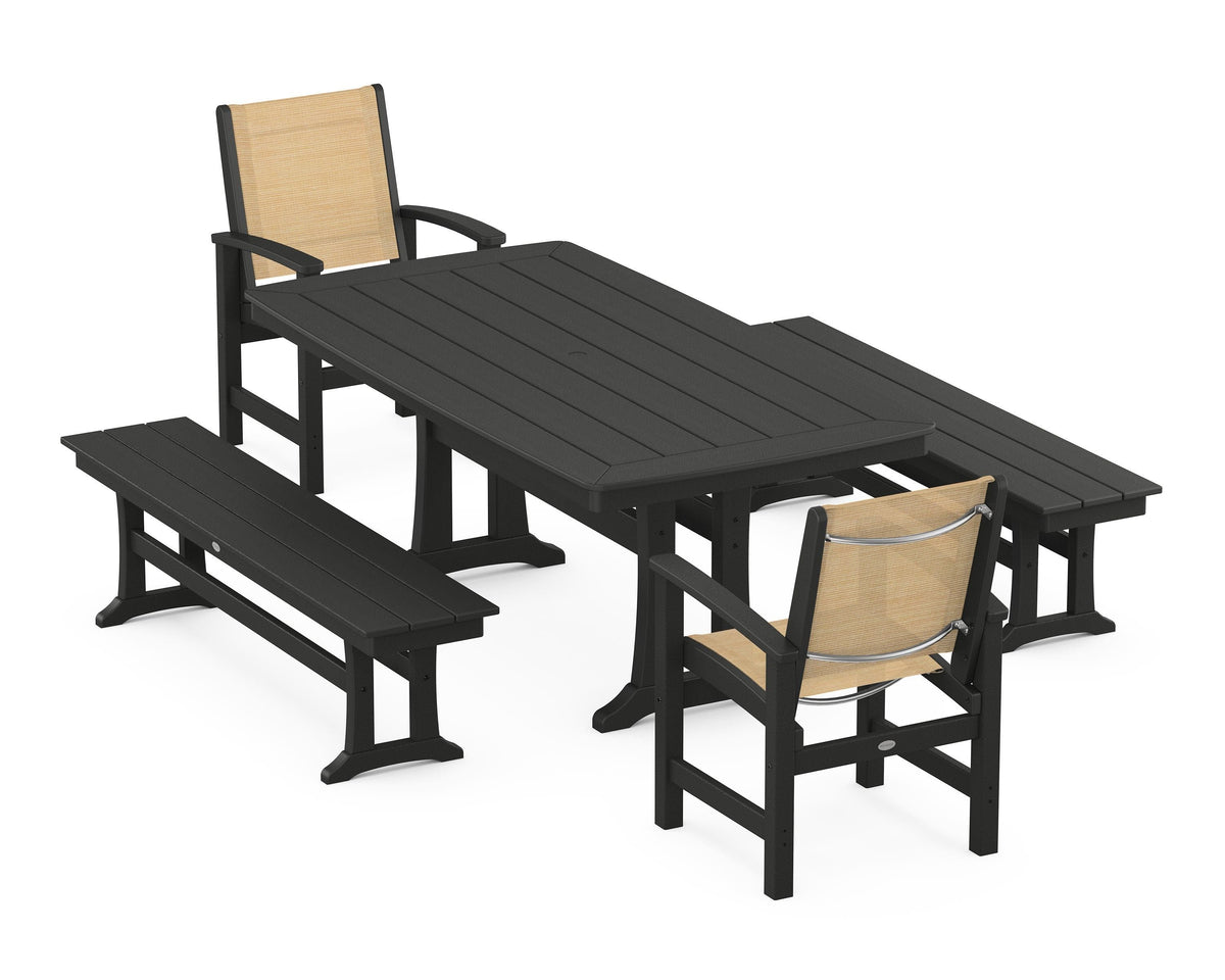 POLYWOOD Coastal 5-Piece Dining Set with Trestle Legs and Benches in Black / Dupioni Apricot