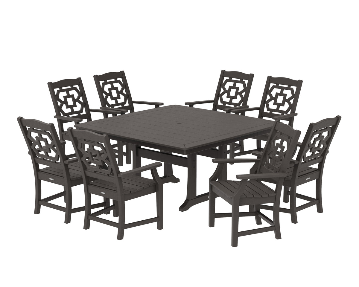 POLYWOOD Chinoiserie 9-Piece Square Dining Set with Trestle Legs in Vintage Coffee