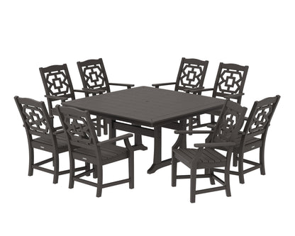 POLYWOOD Chinoiserie 9-Piece Square Dining Set with Trestle Legs in Vintage Coffee