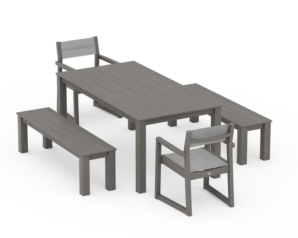 POLYWOOD EDGE Sling Arm Chair 5-Piece Parsons Dining Set with Benches in Driftwood / Metallic