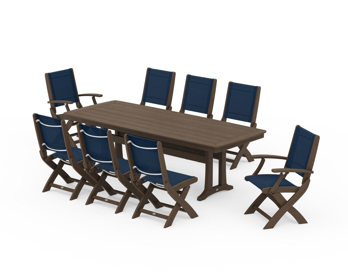 POLYWOOD Coastal Folding 9-Piece Dining Set with Trestle Legs in Kona / Navy Blue