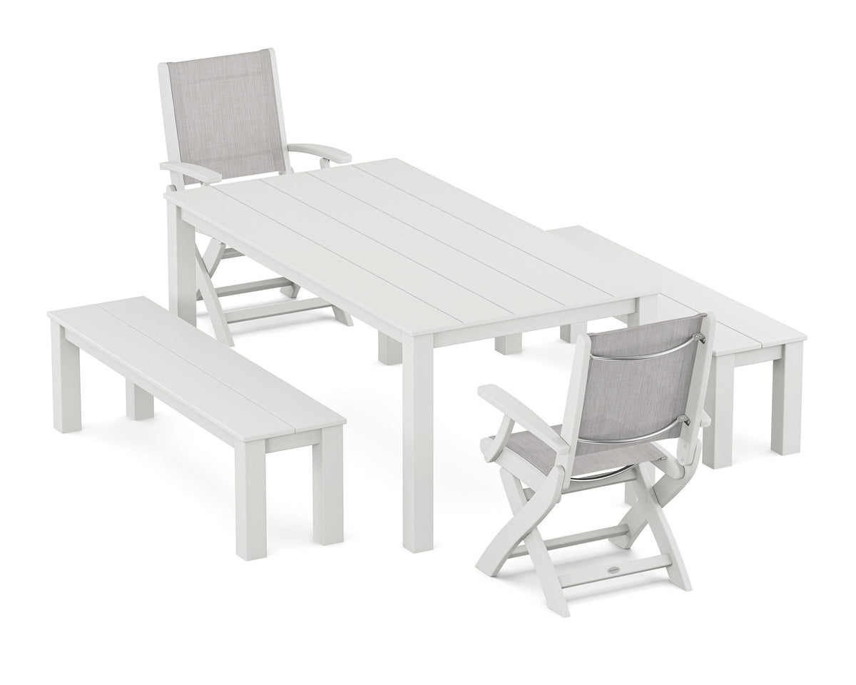 POLYWOOD Coastal Folding Chair 5-Piece Parsons Dining Set with Benches in White / Parchment