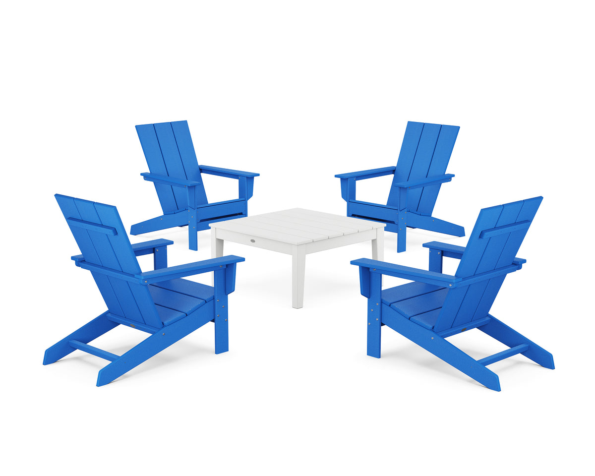 POLYWOOD 5-Piece Modern Studio Adirondack Chair Conversation Group in Pacific Blue / White