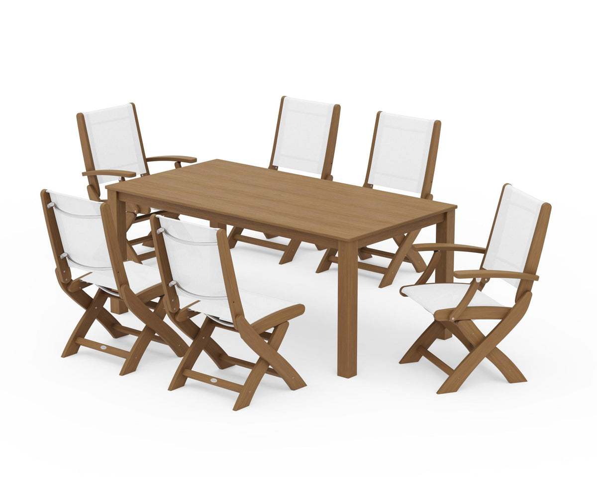 POLYWOOD Coastal Folding Chair 7-Piece Parsons Dining Set with Coastal Folding Side Chair in Natural / White