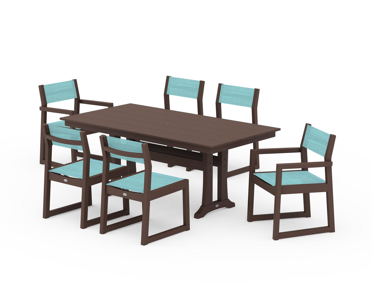 POLYWOOD EDGE Sling 7-Piece Farmhouse Trestle Dining Set in Mahogany / Dupioni Aquamarine