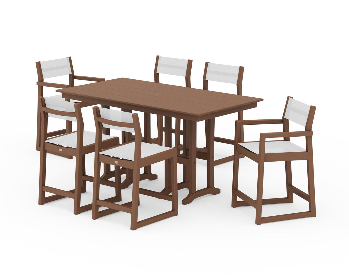 POLYWOOD EDGE Sling 7-Piece Farmhouse Counter Set with Trestle Legs in Teak / White