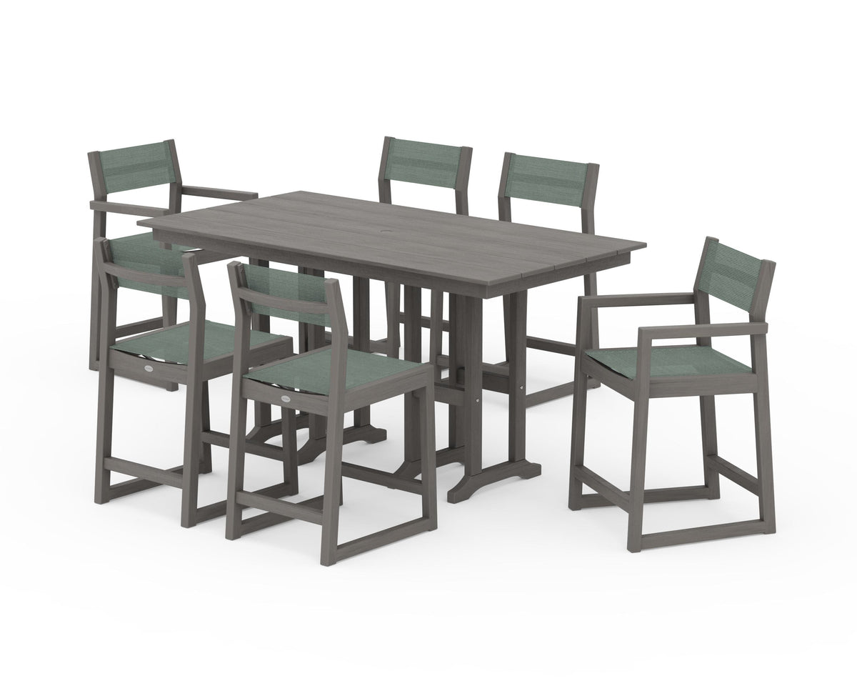 POLYWOOD EDGE Sling 7-Piece Farmhouse Counter Set with Trestle Legs in Driftwood / Dupioni Sea Mist