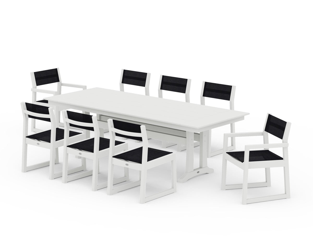 POLYWOOD EDGE Sling 9-Piece Farmhouse Trestle Dining Set in Vintage White / Black
