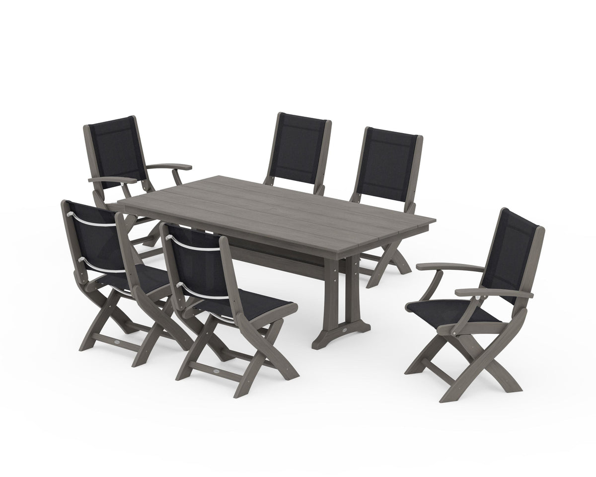 POLYWOOD Coastal Folding Chair 7-Piece Farmhouse Dining Set with Trestle Legs in Driftwood / Black