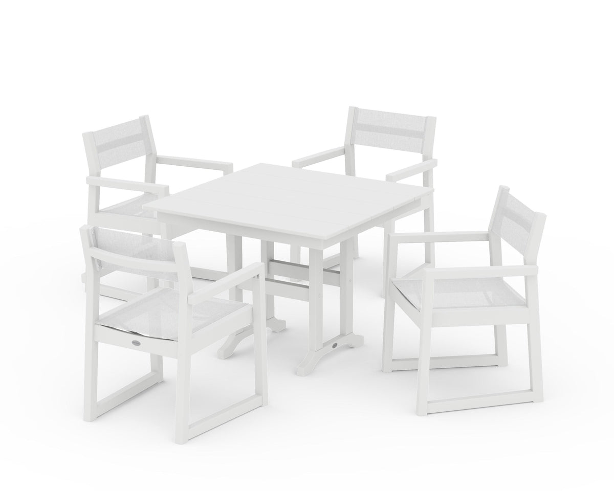 POLYWOOD EDGE Sling Arm Chair 5-Piece Farmhouse Dining Set in White / White