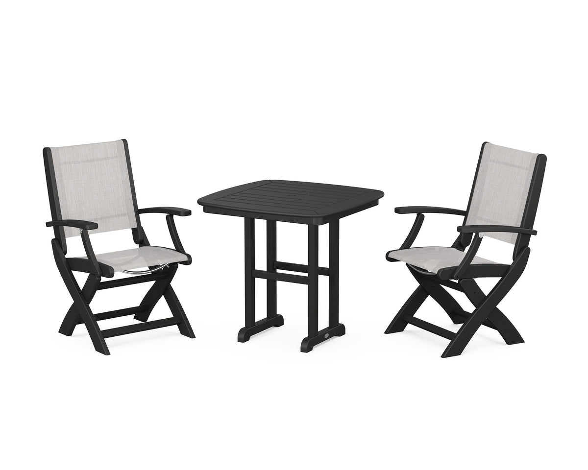 POLYWOOD Coastal Folding Chair 3-Piece Dining Set in Black / Parchment