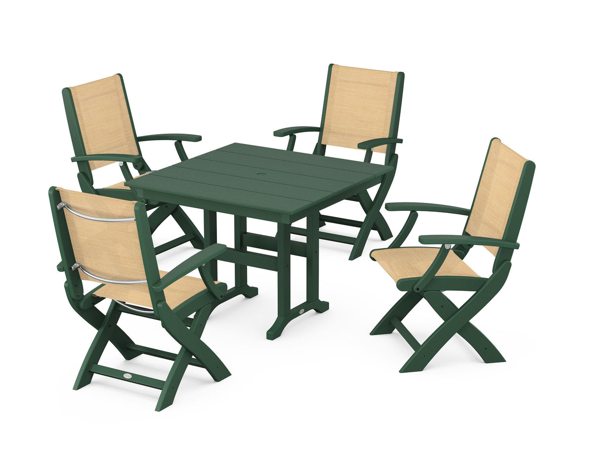POLYWOOD Coastal Folding Chair 5-Piece Farmhouse Dining Set in Green / Dupioni Apricot
