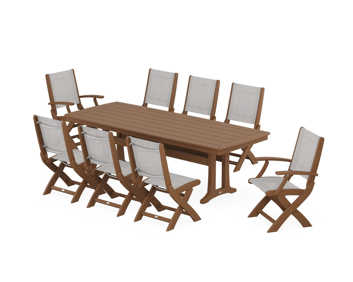 POLYWOOD Coastal Folding 9-Piece Dining Set with Trestle Legs in Teak / Parchment