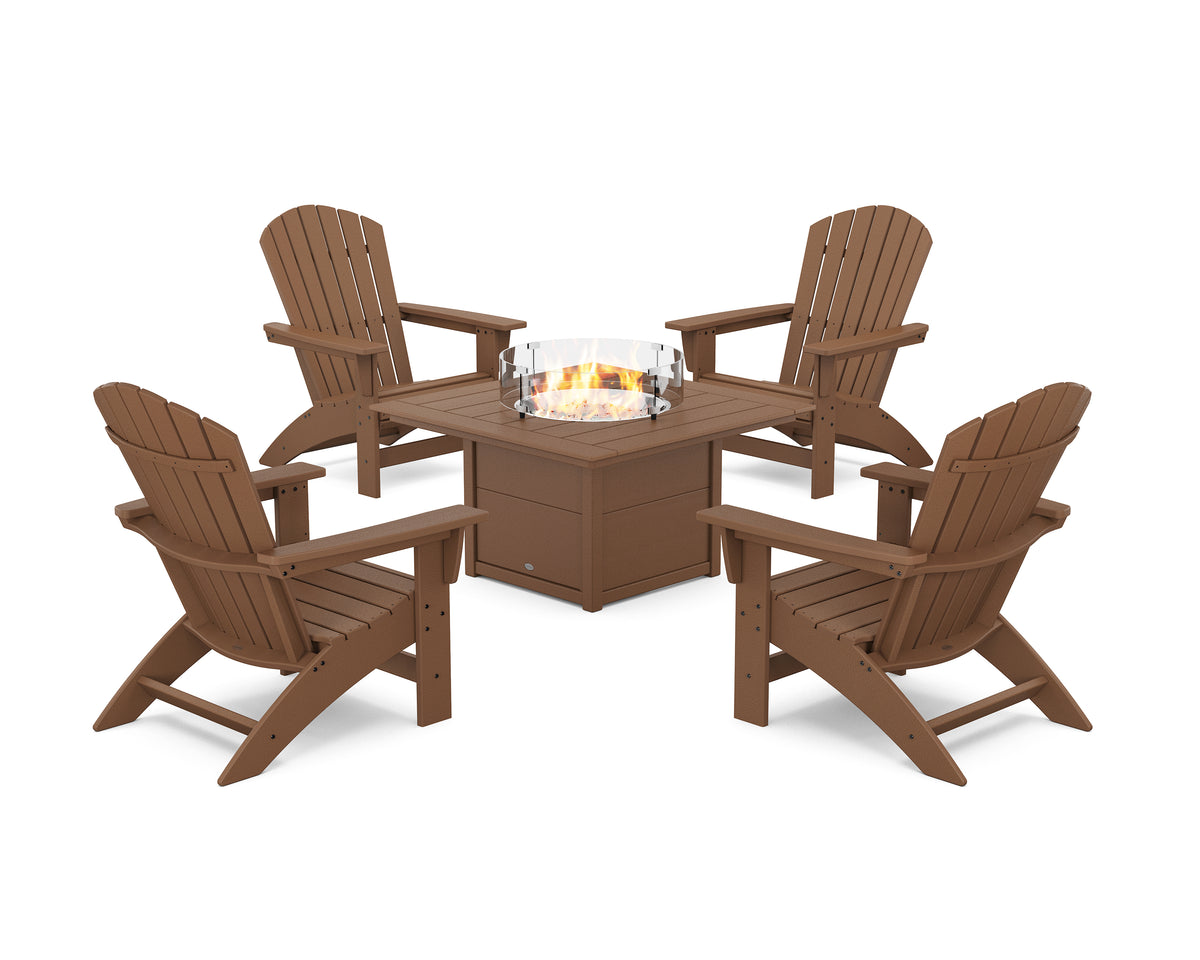 POLYWOOD 5-Piece Nautical Grand Adirondack Conversation Set with Fire Pit Table in Teak
