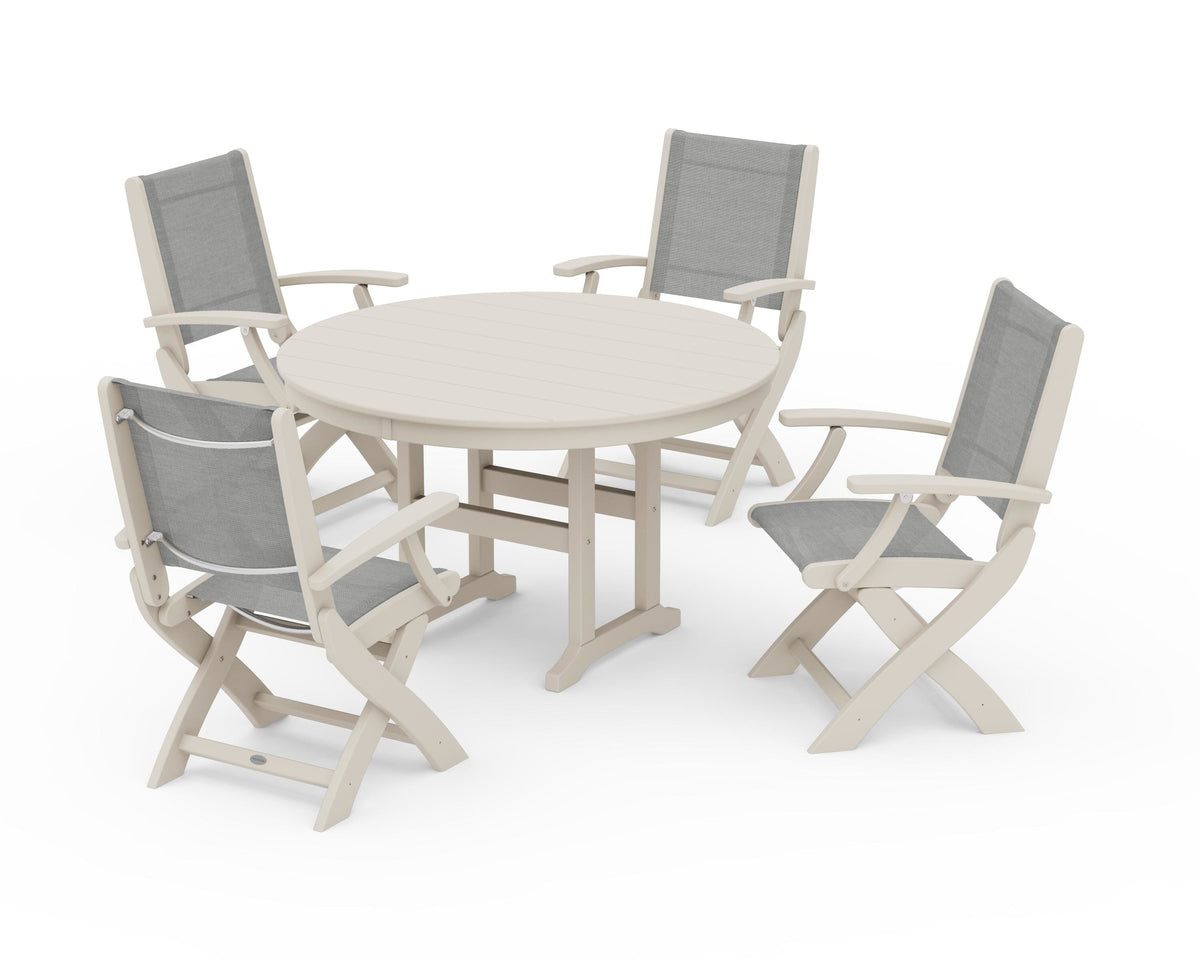 POLYWOOD Coastal Folding Chair 5-Piece Round Dining Set in Sand / Metallic