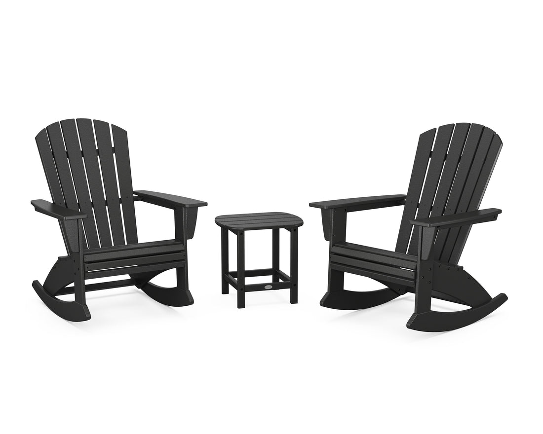 POLYWOOD Nautical Curveback 3-Piece Adirondack Rocking Chair Set in Black
