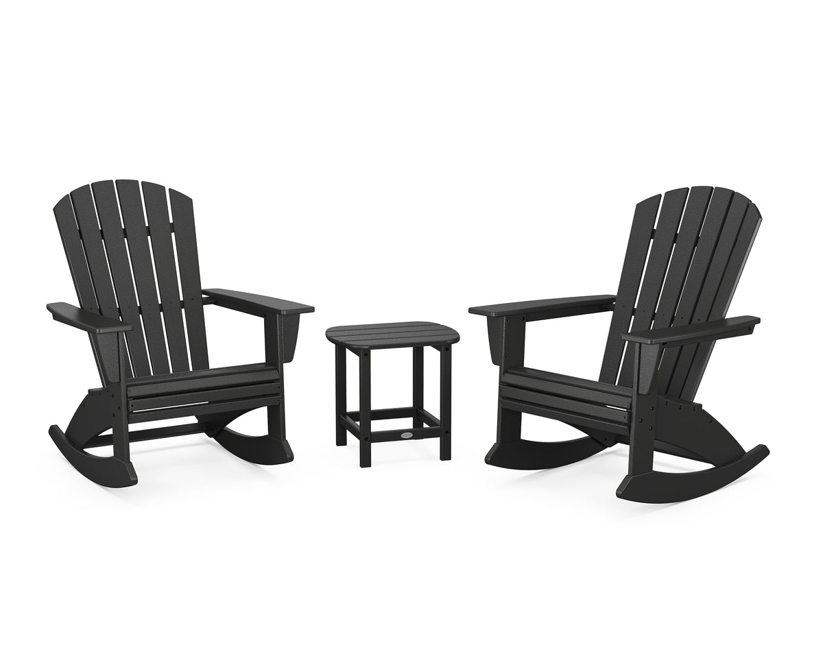 POLYWOOD Nautical Curveback 3-Piece Adirondack Rocking Chair Set in Black