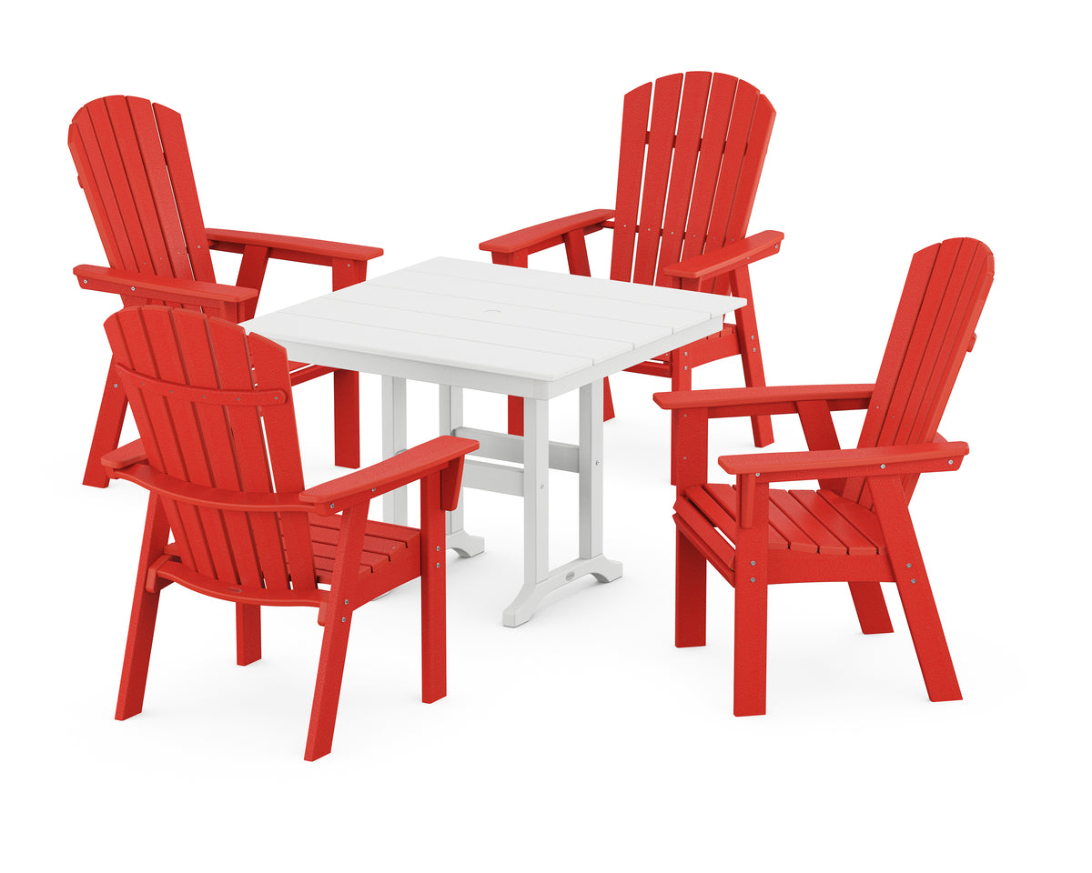 POLYWOOD Nautical Curveback Adirondack 5-Piece Farmhouse Dining Set in Sunset Red / White