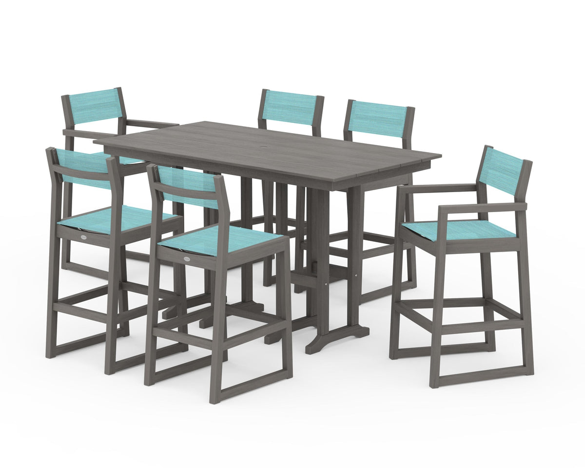 POLYWOOD EDGE Sling 7-Piece Farmhouse Bar Set in Driftwood / Dupioni Aquamarine