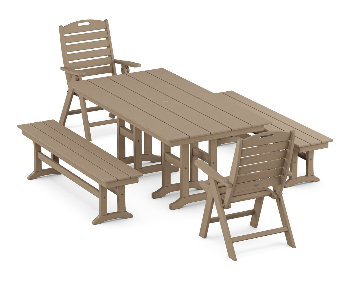 POLYWOOD Nautical Highback 5-Piece Farmhouse Dining Set with Benches in Vintage Sahara