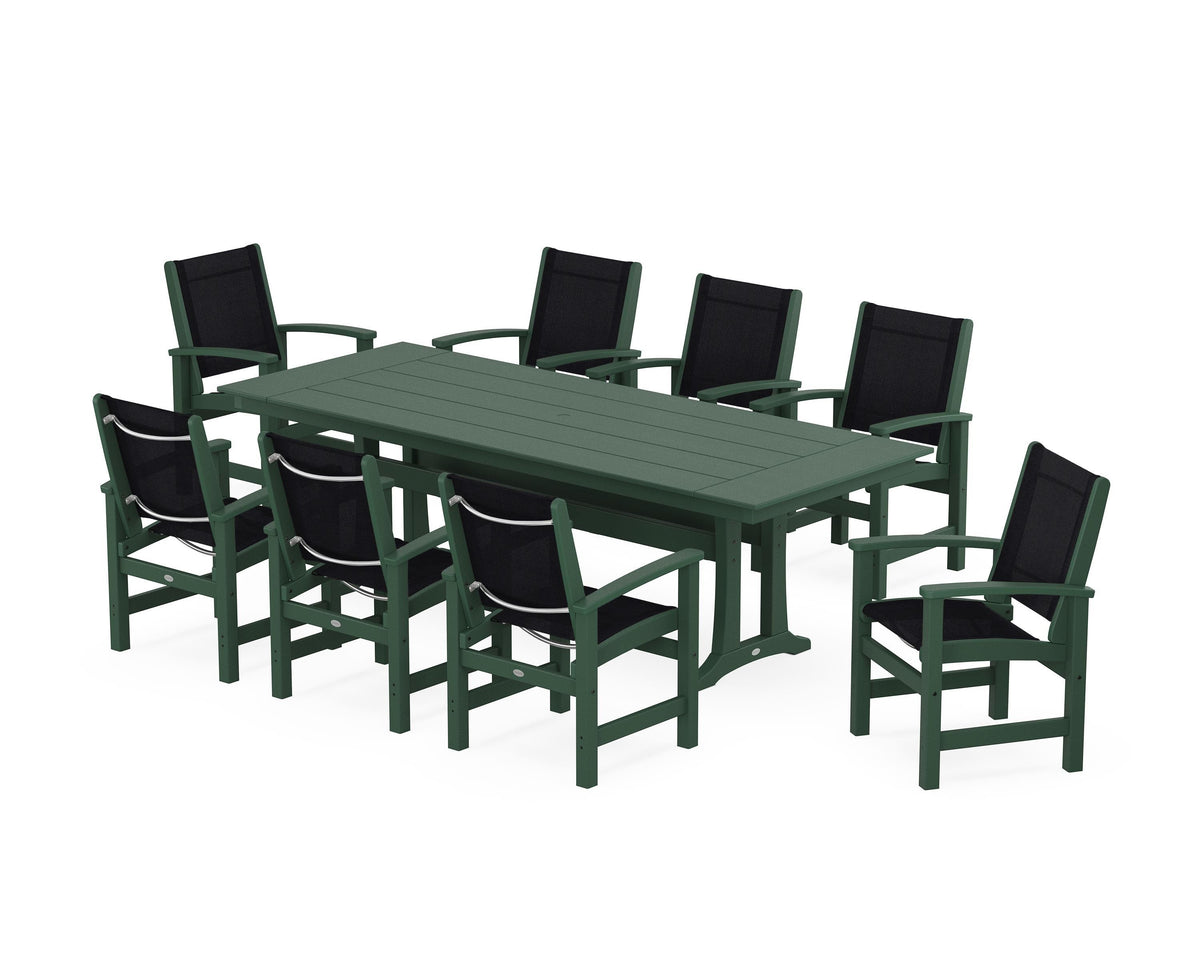 POLYWOOD Coastal 9-Piece Farmhouse Dining Set with Trestle Legs in Green / Black