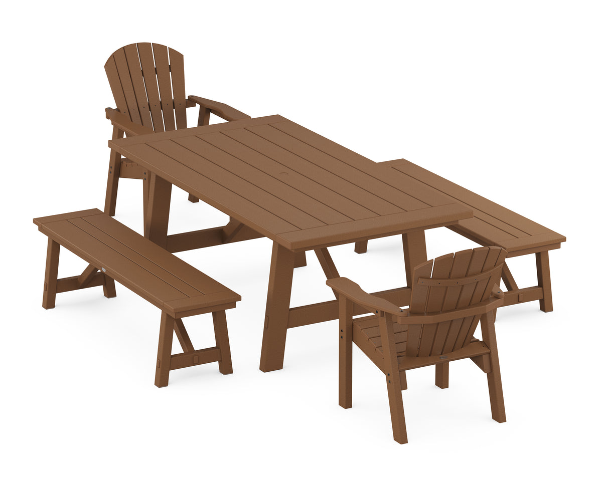 POLYWOOD Seashell 5-Piece Rustic Farmhouse Dining Set with Benches in Teak