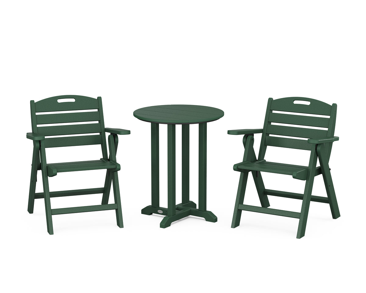 POLYWOOD Nautical Folding Lowback Chair 3-Piece Round Bistro Dining Set in Green
